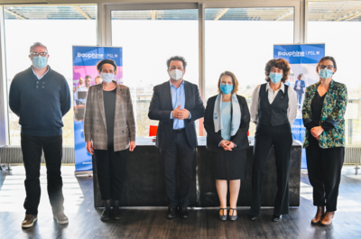 Sébastien Damart (VP Formation et Vie Étudiante, Dauphine-PSL), Hélène Liaud-Lenoble (Déléguée Vie Étudiante, Dauphine-PSL) El Mouhoub Mouhoud (Président de Dauphine-PSL), Françoise Moulin Civil (Présidente de la FSEF), Dominique Monchablon (psychiatre) et Anne Delbende (Directrice de la Clinique G. Heuyer)